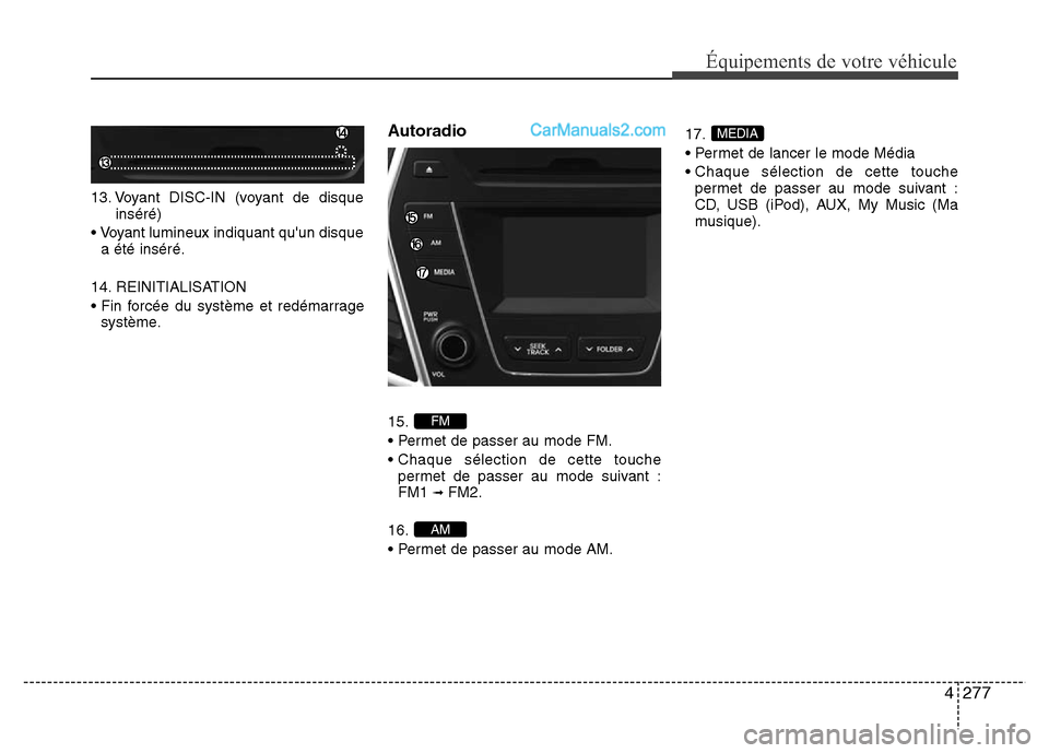 Hyundai Santa Fe 2013 Manuel du propriétaire (in French) 4277
Équipements de votre véhicule
13. Voyant DISC-IN (voyant de disque
inséré)
• Voyant lumineux indiquant quun disque
a été inséré.
14. REINITIALISATION
• Fin forcée du système et red Hyundai Santa Fe 2013 Manuel du propriétaire (in French) 4277
Équipements de votre véhicule
13. Voyant DISC-IN (voyant de disque
inséré)
• Voyant lumineux indiquant quun disque
a été inséré.
14. REINITIALISATION
• Fin forcée du système et red