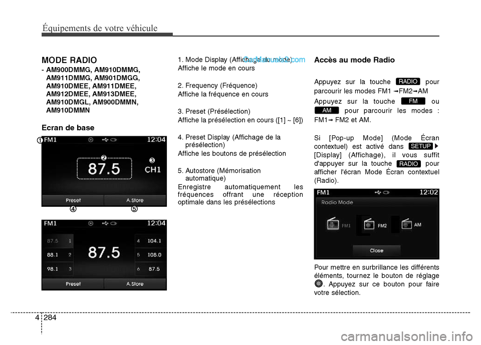 Hyundai Santa Fe 2013 Manuel du propriétaire (in French) 284 4
Équipements de votre véhicule
MODE RADIO
- AM900DMMG, AM910DMMG,
AM911DMMG, AM901DMGG,
AM910DMEE, AM911DMEE,
AM912DMEE, AM913DMEE,
AM910DMGL, AM900DMMN,
AM910DMMN
Ecran de base
1. Mode Displa Hyundai Santa Fe 2013 Manuel du propriétaire (in French) 284 4
Équipements de votre véhicule
MODE RADIO
- AM900DMMG, AM910DMMG,
AM911DMMG, AM901DMGG,
AM910DMEE, AM911DMEE,
AM912DMEE, AM913DMEE,
AM910DMGL, AM900DMMN,
AM910DMMN
Ecran de base
1. Mode Displa