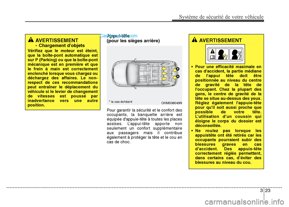Hyundai Santa Fe 2013 Manuel du propriétaire (in French) 323
Système de sécurité de votre véhicule
Appui-tête
(pour les sièges arrière)
Pour garantir la sécurité et le confort des
occupants, la banquette arrière est
équipée dappuie-tête à to Hyundai Santa Fe 2013 Manuel du propriétaire (in French) 323
Système de sécurité de votre véhicule
Appui-tête
(pour les sièges arrière)
Pour garantir la sécurité et le confort des
occupants, la banquette arrière est
équipée dappuie-tête à to