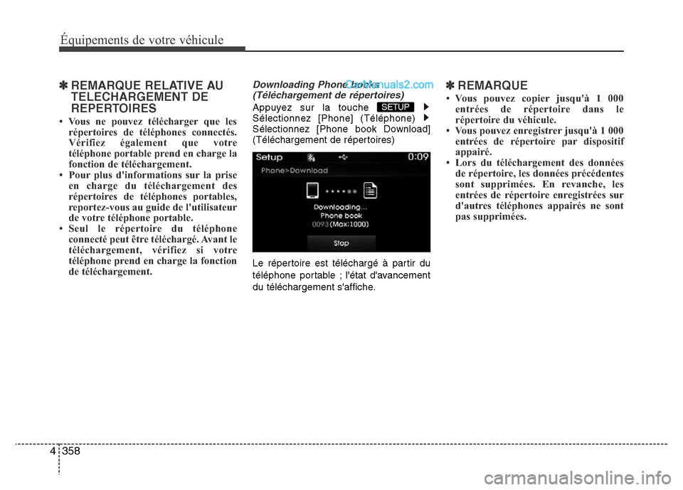 Hyundai Santa Fe 2013  Manuel du propriétaire (in French) 358 4
Équipements de votre véhicule
✽REMARQUE RELATIVE AU
TELECHARGEMENT DE
REPERTOIRES 
•  Vous ne pouvez télécharger que les
répertoires de téléphones connectés.
Vérifiez également que