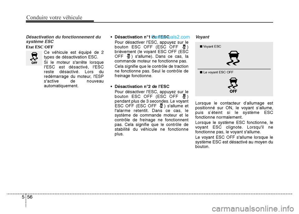 Hyundai Santa Fe 2013 Manuel du propriétaire (in French) Conduire votre véhicule
56 5
Désactivation du fonctionnement du
système ESC
Etat ESC OFF
Ce véhicule est équipé de 2
types de désactivation ESC.
Si le moteur sarrête lorsque
lESC est désact Hyundai Santa Fe 2013 Manuel du propriétaire (in French) Conduire votre véhicule
56 5
Désactivation du fonctionnement du
système ESC
Etat ESC OFF
Ce véhicule est équipé de 2
types de désactivation ESC.
Si le moteur sarrête lorsque
lESC est désact
