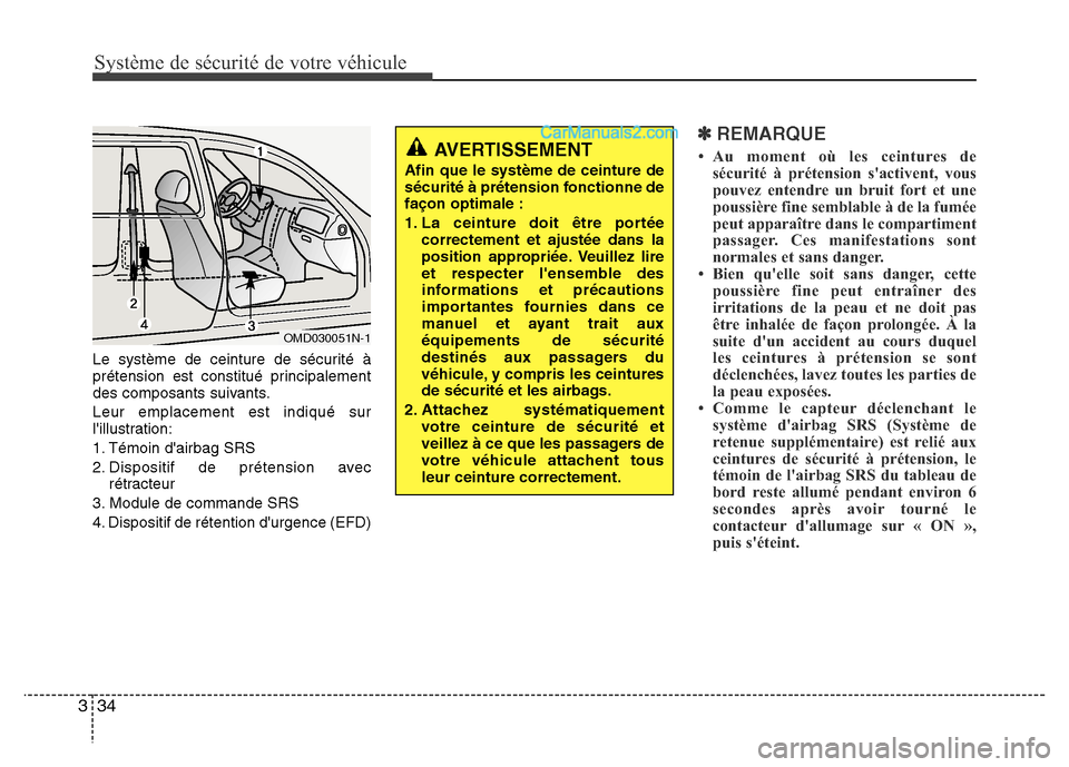 Hyundai Santa Fe 2013  Manuel du propriétaire (in French) Système de sécurité de votre véhicule 
34 3
Le système de ceinture de sécurité à
prétension est constitué principalement
des composants suivants.
Leur emplacement est indiqué sur
lillustra
