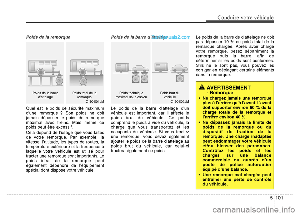 Hyundai Santa Fe 2013  Manuel du propriétaire (in French) 5 101
Conduire votre véhicule
AVERTISSEMENT - Remorque
• Ne chargez jamais une remorque
plus à l’arrière qu’à l’avant. L’avant
doit supporter environ 60 % de la
charge totale de la remor