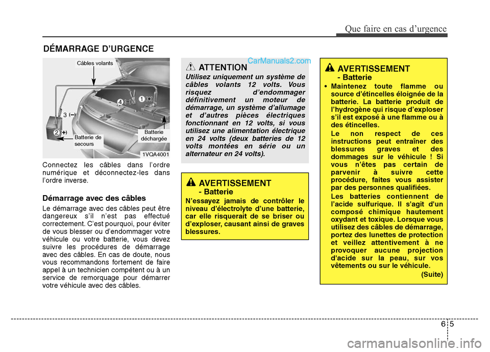 Hyundai Santa Fe 2013  Manuel du propriétaire (in French) 65
Que faire en cas d’urgence
DÉMARRAGE D’URGENCE
Connectez les câbles dans l’ordre
numérique et déconnectez-les dans
l’ordre inverse.
Démarrage avec des câbles
Le démarrage avec des c