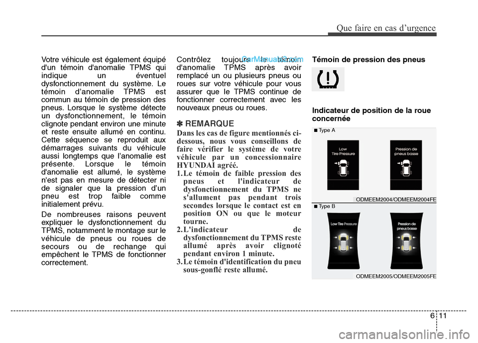 Hyundai Santa Fe 2013  Manuel du propriétaire (in French) 611
Que faire en cas d’urgence
Votre véhicule est également équipé
dun témoin danomalie TPMS qui
indique un éventuel
dysfonctionnement du système. Le
témoin d’anomalie TPMS est
commun au