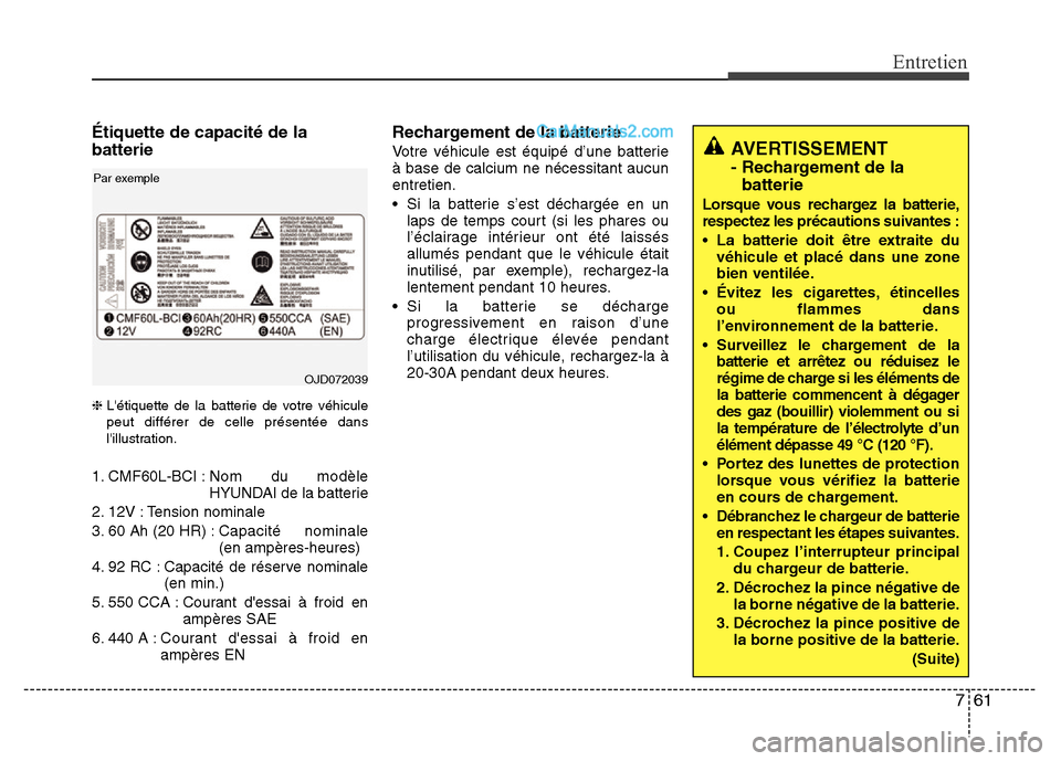 Hyundai Santa Fe 2013  Manuel du propriétaire (in French) 761
Entretien
Étiquette de capacité de la
batterie
❈Létiquette de la batterie de votre véhicule
peut différer de celle présentée dans
lillustration.
1. CMF60L-BCI :Nom du modèle
HYUNDAI de