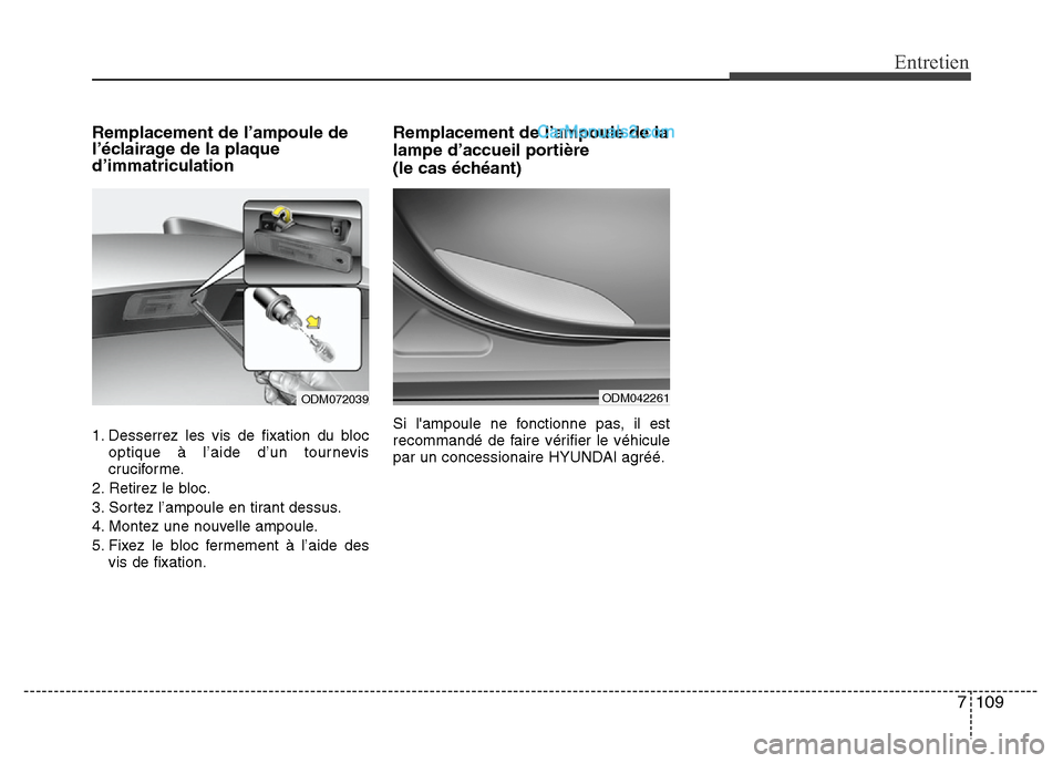 Hyundai Santa Fe 2013 Manuel du propriétaire (in French) 7 109
Entretien
Remplacement de l’ampoule de
l’éclairage de la plaque
d’immatriculation
1. Desserrez les vis de fixation du bloc
optique à l’aide d’un tournevis
cruciforme.
2. Retirez le b Hyundai Santa Fe 2013 Manuel du propriétaire (in French) 7 109
Entretien
Remplacement de l’ampoule de
l’éclairage de la plaque
d’immatriculation
1. Desserrez les vis de fixation du bloc
optique à l’aide d’un tournevis
cruciforme.
2. Retirez le b