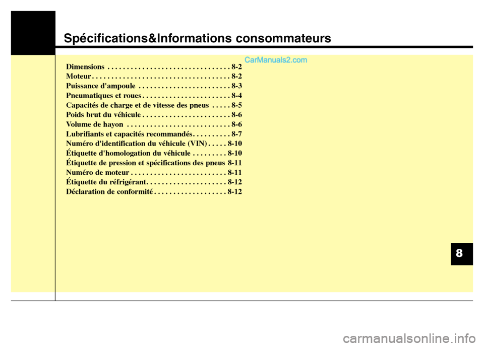 Hyundai Santa Fe 2013 Manuel du propriétaire (in French) Spécifications&Informations consommateurs
Dimensions . . . . . . . . . . . . . . . . . . . . . . . . . . . . . . . . 8-2
Moteur . . . . . . . . . . . . . . . . . . . . . . . . . . . . . . . . . . . . Hyundai Santa Fe 2013 Manuel du propriétaire (in French) Spécifications&Informations consommateurs
Dimensions . . . . . . . . . . . . . . . . . . . . . . . . . . . . . . . . 8-2
Moteur . . . . . . . . . . . . . . . . . . . . . . . . . . . . . . . . . . . .