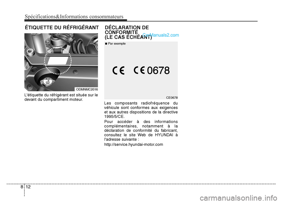 Hyundai Santa Fe 2013 Manuel du propriétaire (in French) Létiquette du réfrigérant est située sur le
devant du compartiment moteur.
Les composants radiofréquence du
véhicule sont conformes aux exigences
et aux autres dispositions de la directive
1995 Hyundai Santa Fe 2013 Manuel du propriétaire (in French) Létiquette du réfrigérant est située sur le
devant du compartiment moteur.
Les composants radiofréquence du
véhicule sont conformes aux exigences
et aux autres dispositions de la directive
1995