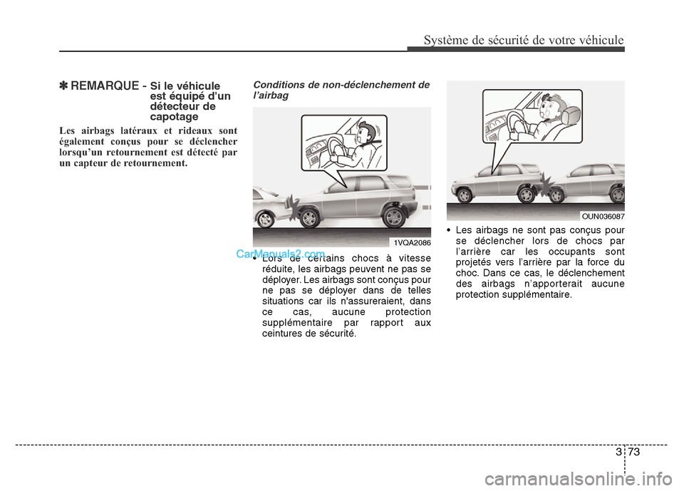 Hyundai Santa Fe 2013  Manuel du propriétaire (in French) 373
Système de sécurité de votre véhicule 
✽ REMARQUE - Si le véhicule
est équipé dun
détecteur de
capotage
Les airbags latéraux et rideaux sont
également conçus pour se déclencher
lors