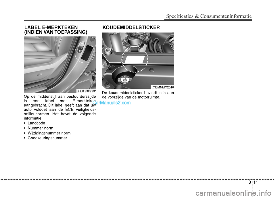 Hyundai Santa Fe 2013  Handleiding (in Dutch) 811
Specificaties & Consumenteninformatie
Op de middenstijl aan bestuurderszijde 
is een label met E-merkteken
aangebracht. Dit label geeft aan dat uw
auto voldoet aan de ECE veiligheids-
/milieunorme