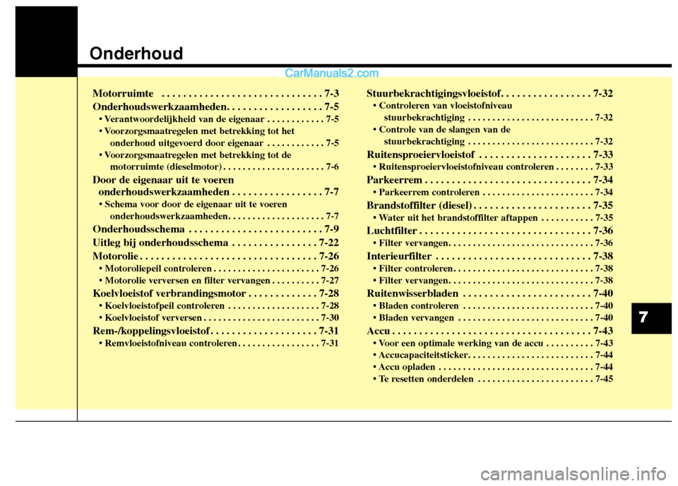 Hyundai Santa Fe 2013  Handleiding (in Dutch) Onderhoud
Motorruimte  . . . . . . . . . . . . . . . . . . . . . . . . . . . . . . 7-3 
Onderhoudswerkzaamheden. . . . . . . . . . . . . . . . . . 7-5• Verantwoordelijkheid van de eigenaar . . . . .
