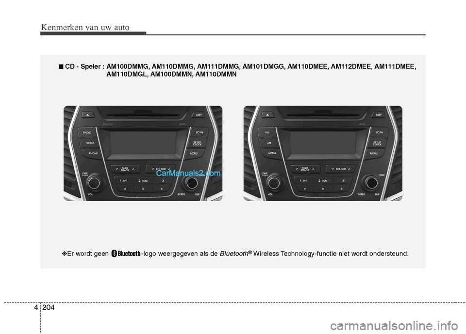 Hyundai Santa Fe 2013  Handleiding (in Dutch) Kenmerken van uw auto
204
4
■■   
CD - Speler : AM100DMMG, AM110DMMG, AM111DMMG, AM101DMGG, AM110DMEE, AM112DMEE, AM111DMEE,
AM110DMGL, AM100DMMN, AM110DMMN
❋ Er wordt geen  -logo weergegeven al