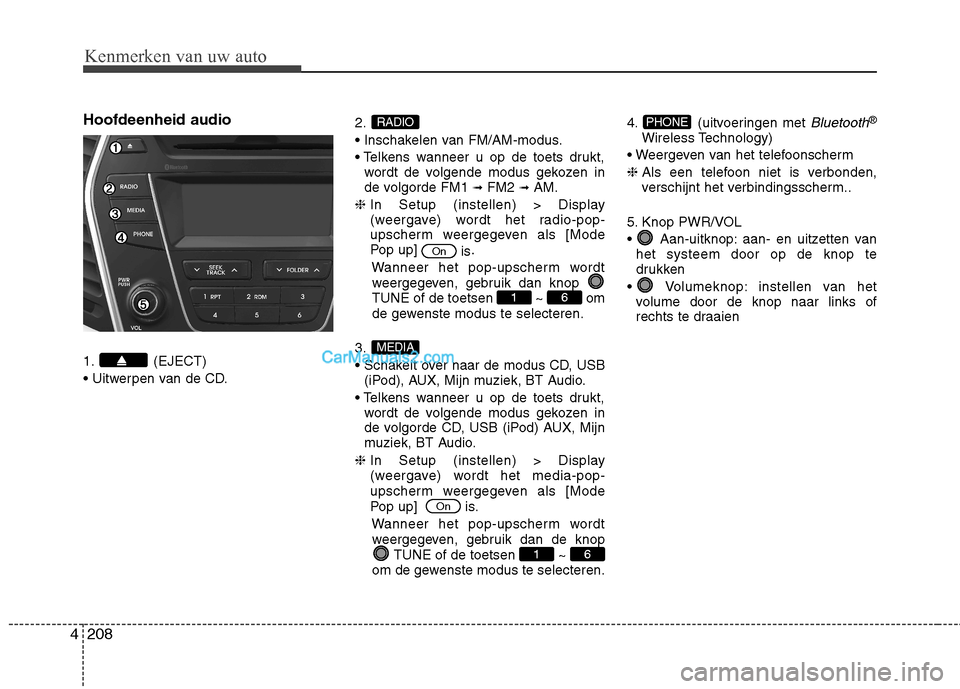 Hyundai Santa Fe 2013  Handleiding (in Dutch) Kenmerken van uw auto
208
4
Hoofdeenheid audio 
1. (EJECT) 
 2.


wordt de volgende modus gekozen in 
de volgorde FM1  ➟
FM2  ➟AM.
❈  In Setup (instellen) > Display
(weergave) wordt het radio-po