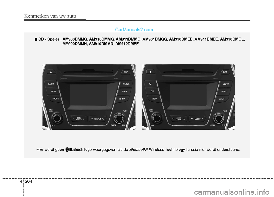 Hyundai Santa Fe 2013 Handleiding (in Dutch) Kenmerken van uw auto
264
4
■■
CD - Speler : AM900DMMG, AM910DMMG, AM911DMMG, AM901DMGG, AM910DMEE, AM911DMEE, AM910DMGL,
AM900DMMN, AM910DMMN, AM912DMEE
❋ Er wordt geen -logo weergegeven al Hyundai Santa Fe 2013 Handleiding (in Dutch) Kenmerken van uw auto
264
4
■■
CD - Speler : AM900DMMG, AM910DMMG, AM911DMMG, AM901DMGG, AM910DMEE, AM911DMEE, AM910DMGL,
AM900DMMN, AM910DMMN, AM912DMEE
❋ Er wordt geen -logo weergegeven al
