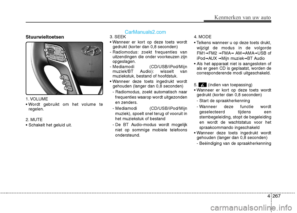 Hyundai Santa Fe 2013 Handleiding (in Dutch) 4267
Kenmerken van uw auto
Stuurwieltoetsen
1. VOLUME
regelen.
2. MUTE
3. SEEK
gedrukt (korter dan 0,8 seconden)
- Radiomodus: zoekt frequenties van uitzendingen die onder voorkeuzen zijn opgesl Hyundai Santa Fe 2013 Handleiding (in Dutch) 4267
Kenmerken van uw auto
Stuurwieltoetsen
1. VOLUME
regelen.
2. MUTE
3. SEEK
gedrukt (korter dan 0,8 seconden)
- Radiomodus: zoekt frequenties van uitzendingen die onder voorkeuzen zijn opgesl