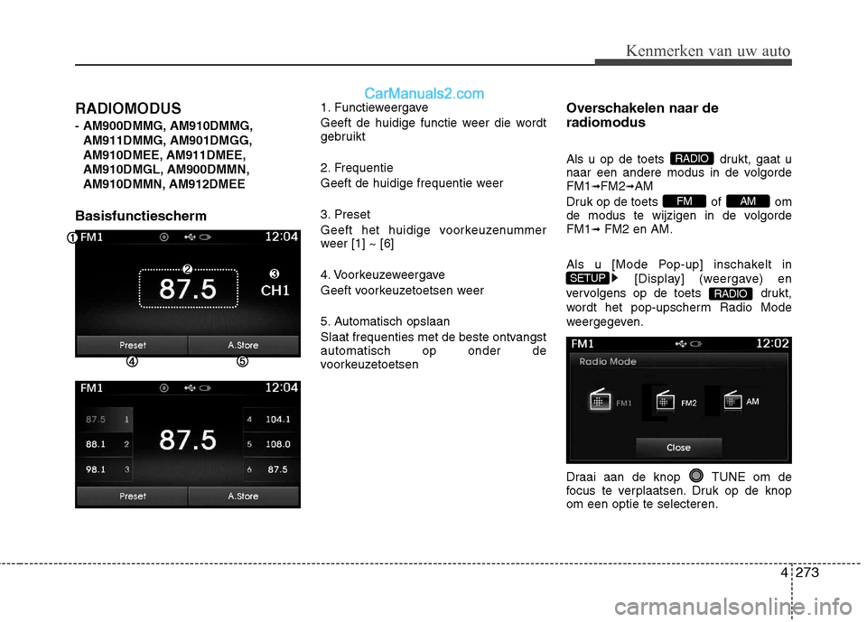Hyundai Santa Fe 2013 Handleiding (in Dutch) 4273
Kenmerken van uw auto
RADIOMODUS
- AM900DMMG, AM910DMMG,AM911DMMG, AM901DMGG,
AM910DMEE, AM911DMEE,
AM910DMGL, AM900DMMN,
AM910DMMN, AM912DMEE
Basisfunctiescherm 1. Functieweergave
Geeft de hu Hyundai Santa Fe 2013 Handleiding (in Dutch) 4273
Kenmerken van uw auto
RADIOMODUS
- AM900DMMG, AM910DMMG,AM911DMMG, AM901DMGG,
AM910DMEE, AM911DMEE,
AM910DMGL, AM900DMMN,
AM910DMMN, AM912DMEE
Basisfunctiescherm 1. Functieweergave
Geeft de hu