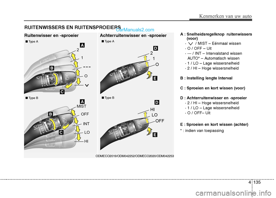 Hyundai Santa Fe 2013  Handleiding (in Dutch) 4135
Kenmerken van uw auto
A : Snelheidsregelknop  ruitenwissers(voor)
·  / MIST – Eénmaal wissen · O / OFF – Uit
· --- / INT – Intervalstand wissen AUTO* – Automatisch wissen
· 1 / LO 