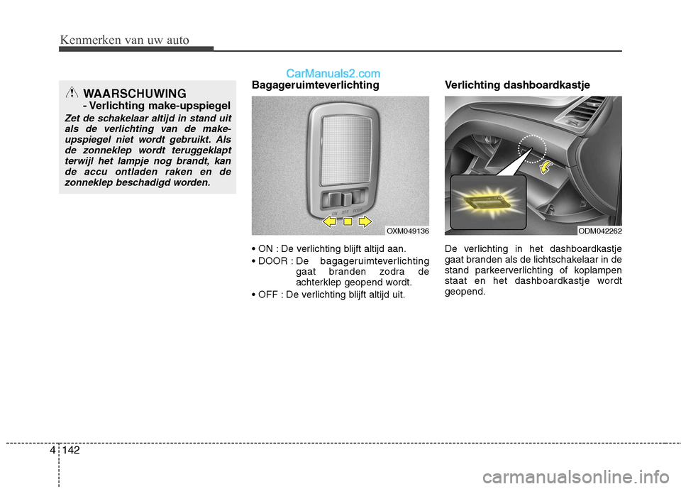 Hyundai Santa Fe 2013  Handleiding (in Dutch) Kenmerken van uw auto
142
4
Bagageruimteverlichting 
 De verlichting blijft altijd aan. 
 De  bagageruimteverlichting
gaat branden zodra de 
achterklep geopend wordt.
 De verlichting blijft altijd uit