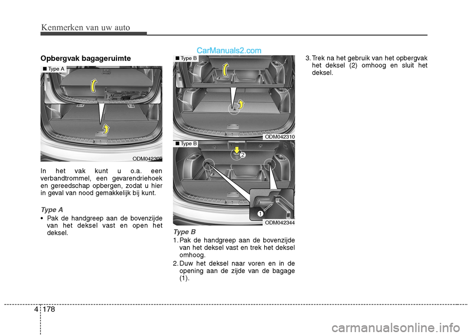 Hyundai Santa Fe 2013 Handleiding (in Dutch) Kenmerken van uw auto
178
4
Opbergvak bagageruimte
In het vak kunt u o.a. een
verbandtrommel, een gevarendriehoek
en gereedschap opbergen, zodat u hier
in geval van nood gemakkelijk bij kunt.
Type A Hyundai Santa Fe 2013 Handleiding (in Dutch) Kenmerken van uw auto
178
4
Opbergvak bagageruimte
In het vak kunt u o.a. een
verbandtrommel, een gevarendriehoek
en gereedschap opbergen, zodat u hier
in geval van nood gemakkelijk bij kunt.
Type A