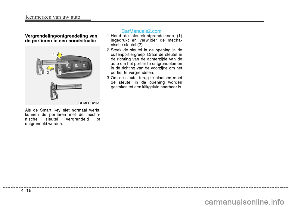 Hyundai Santa Fe 2013 Handleiding (in Dutch) Kenmerken van uw auto
16
4
Vergrendeling/ontgrendeling van
de portieren in een noodsituatie
Als de Smart Key niet normaal werkt,
kunnen de portieren met de mecha-
nische sleutel vergrendeld of
ontg Hyundai Santa Fe 2013 Handleiding (in Dutch) Kenmerken van uw auto
16
4
Vergrendeling/ontgrendeling van
de portieren in een noodsituatie
Als de Smart Key niet normaal werkt,
kunnen de portieren met de mecha-
nische sleutel vergrendeld of
ontg