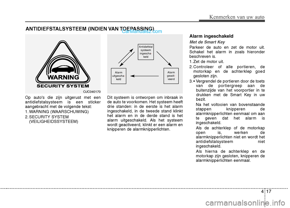 Hyundai Santa Fe 2013 Handleiding (in Dutch) 417
Kenmerken van uw auto
Op autos die zijn uitgerust met een
antidiefstalsysteem is een sticker
aangebracht met de volgende tekst:
1. WARNING (WAARSCHUWING)
2. SECURITY SYSTEM(VEILIGHEIDSSYSTEEM) Hyundai Santa Fe 2013 Handleiding (in Dutch) 417
Kenmerken van uw auto
Op autos die zijn uitgerust met een
antidiefstalsysteem is een sticker
aangebracht met de volgende tekst:
1. WARNING (WAARSCHUWING)
2. SECURITY SYSTEM(VEILIGHEIDSSYSTEEM)