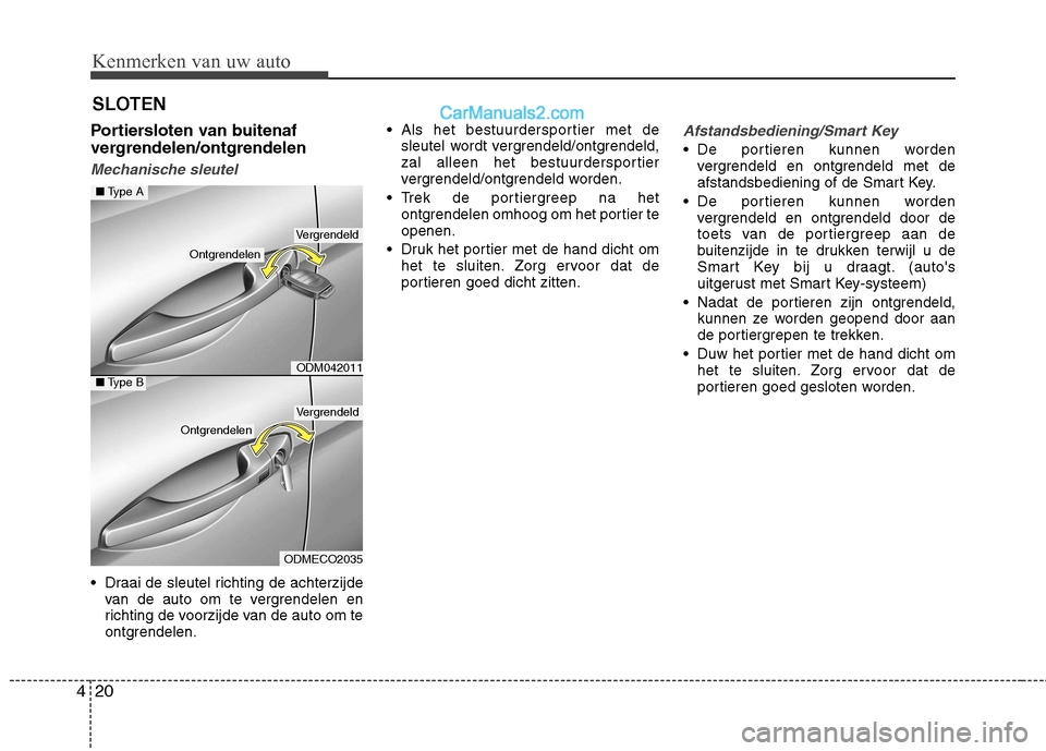 Hyundai Santa Fe 2013  Handleiding (in Dutch) Kenmerken van uw auto
20
4
Portiersloten van buitenaf 
vergrendelen/ontgrendelen 
Mechanische sleutel
 Draai de sleutel richting de achterzijde
van de auto om te vergrendelen en 
richting de voorzijde