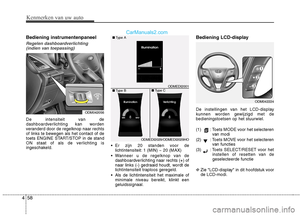 Hyundai Santa Fe 2013 Handleiding (in Dutch) Kenmerken van uw auto
58
4
Bediening instrumentenpaneel
Regelen dashboardverlichting
(indien van toepassing)
De intensiteit van de
dashboardverlichting kan worden
veranderd door de regelknop naar re Hyundai Santa Fe 2013 Handleiding (in Dutch) Kenmerken van uw auto
58
4
Bediening instrumentenpaneel
Regelen dashboardverlichting
(indien van toepassing)
De intensiteit van de
dashboardverlichting kan worden
veranderd door de regelknop naar re