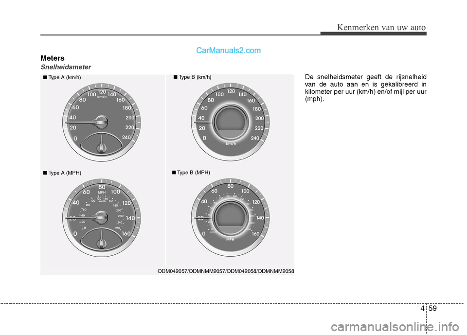 Hyundai Santa Fe 2013 Handleiding (in Dutch) 459
Kenmerken van uw auto
Meters
Snelheidsmeter
ODM042057/ODMNMM2057/ODM042058/ODMNMM2058
■Type A (km/h)■Type B (km/h)
■Type A (MPH)■Type B (MPH) De snelheidsmeter geeft de rijsnelheid
van de Hyundai Santa Fe 2013 Handleiding (in Dutch) 459
Kenmerken van uw auto
Meters
Snelheidsmeter
ODM042057/ODMNMM2057/ODM042058/ODMNMM2058
■Type A (km/h)■Type B (km/h)
■Type A (MPH)■Type B (MPH) De snelheidsmeter geeft de rijsnelheid
van de