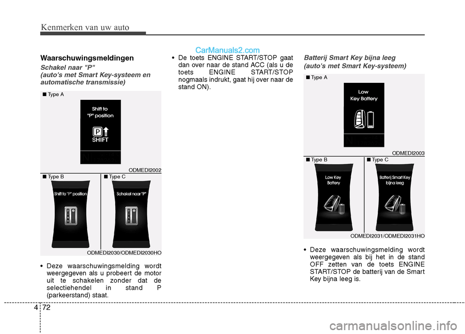 Hyundai Santa Fe 2013  Handleiding (in Dutch) Kenmerken van uw auto
72
4
Waarschuwingsmeldingen
Schakel naar "P" 
(autos met Smart Key-systeem enautomatische transmissie)
 Deze waarschuwingsmelding wordt weergegeven als u probeert de motor 
uit 