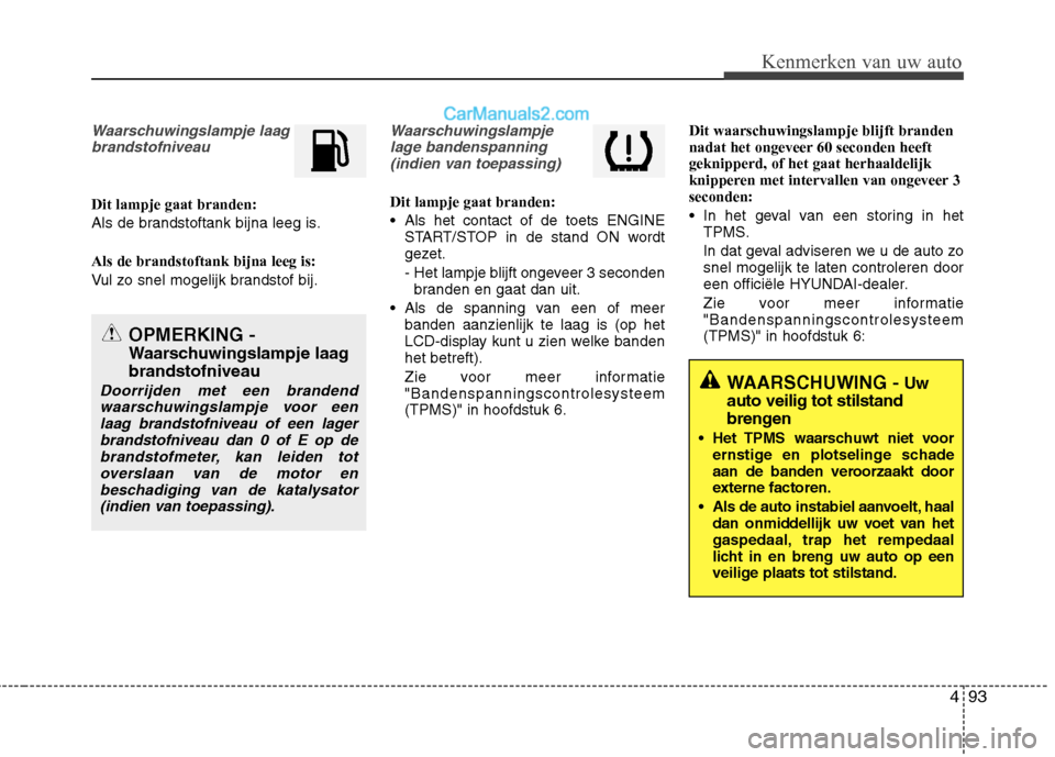 Hyundai Santa Fe 2013 Handleiding (in Dutch) 493
Kenmerken van uw auto
Waarschuwingslampje laagbrandstofniveau
Dit lampje gaat branden:
Als de brandstoftank bijna leeg is. Als de brandstoftank bijna leeg is:
Vul zo snel mogelijk brandstof bij. Hyundai Santa Fe 2013 Handleiding (in Dutch) 493
Kenmerken van uw auto
Waarschuwingslampje laagbrandstofniveau
Dit lampje gaat branden:
Als de brandstoftank bijna leeg is. Als de brandstoftank bijna leeg is:
Vul zo snel mogelijk brandstof bij.