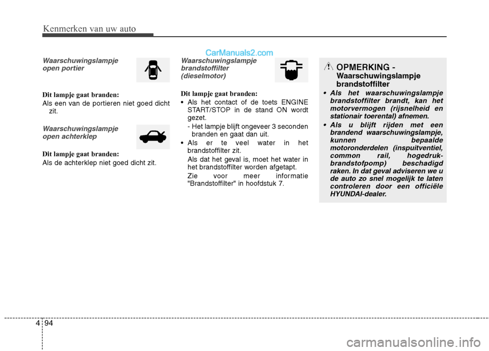 Hyundai Santa Fe 2013 Handleiding (in Dutch) Kenmerken van uw auto
94
4
Waarschuwingslampje
open portier
Dit lampje gaat branden:
Als een van de portieren niet goed dicht zit.
Waarschuwingslampje
open achterklep
Dit lampje gaat branden:
Als de Hyundai Santa Fe 2013 Handleiding (in Dutch) Kenmerken van uw auto
94
4
Waarschuwingslampje
open portier
Dit lampje gaat branden:
Als een van de portieren niet goed dicht zit.
Waarschuwingslampje
open achterklep
Dit lampje gaat branden:
Als de