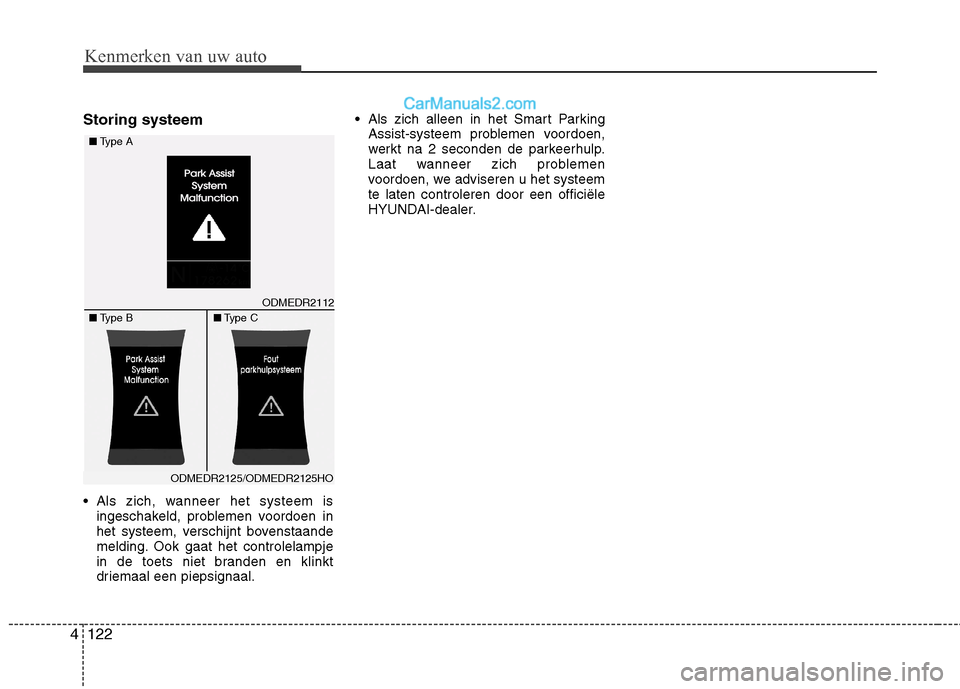 Hyundai Santa Fe 2013  Handleiding (in Dutch) Kenmerken van uw auto
122
4
Storing systeem 
 Als zich, wanneer het systeem is
ingeschakeld, problemen voordoen in 
het systeem, verschijnt bovenstaande
melding. Ook gaat het controlelampje
in de toet