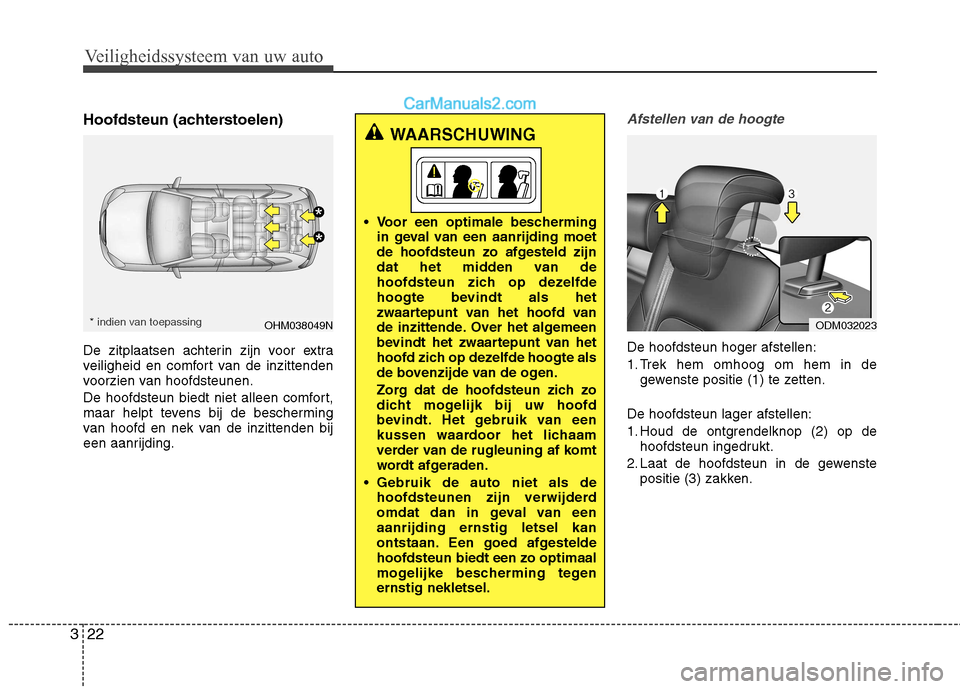 Hyundai Santa Fe 2013 Handleiding (in Dutch) Veiligheidssysteem van uw auto
22
3
Hoofdsteun (achterstoelen)
De zitplaatsen achterin zijn voor extra
veiligheid en comfort van de inzittenden
voorzien van hoofdsteunen.
De hoofdsteun biedt niet a Hyundai Santa Fe 2013 Handleiding (in Dutch) Veiligheidssysteem van uw auto
22
3
Hoofdsteun (achterstoelen)
De zitplaatsen achterin zijn voor extra
veiligheid en comfort van de inzittenden
voorzien van hoofdsteunen.
De hoofdsteun biedt niet a