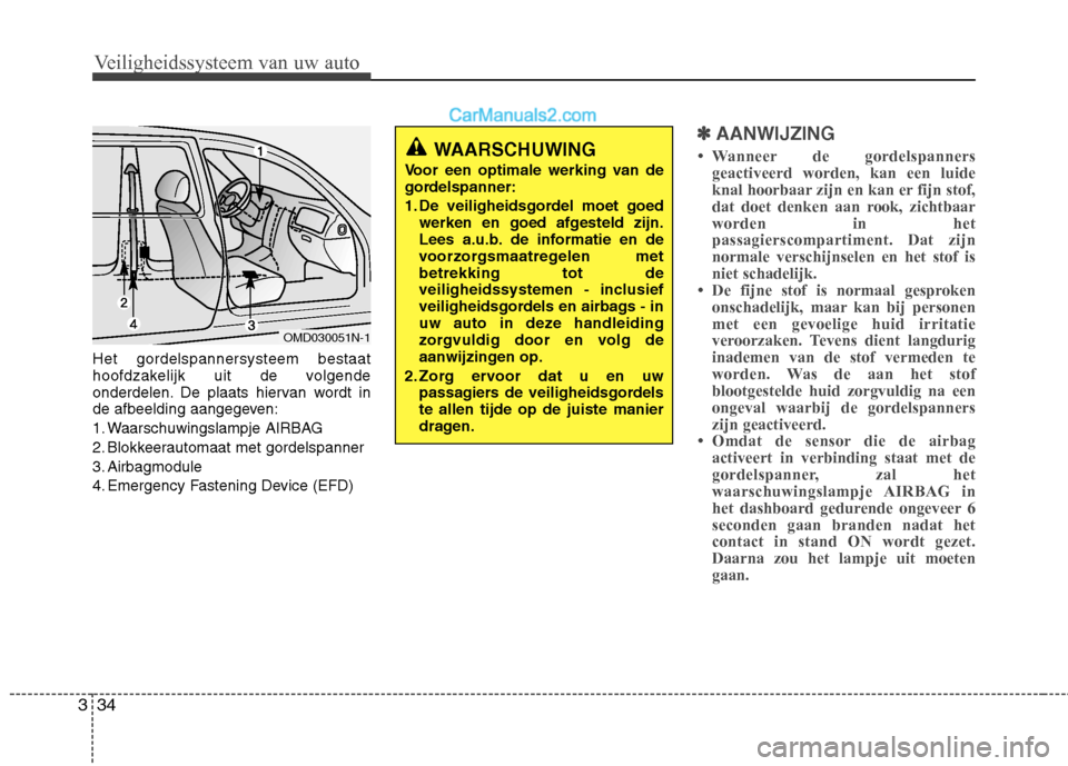 Hyundai Santa Fe 2013  Handleiding (in Dutch) Veiligheidssysteem van uw auto
34
3
Het gordelspannersysteem bestaat 
hoofdzakelijk uit de volgende
onderdelen. De plaats hiervan wordt in
de afbeelding aangegeven: 
1. Waarschuwingslampje AIRBAG
2. B