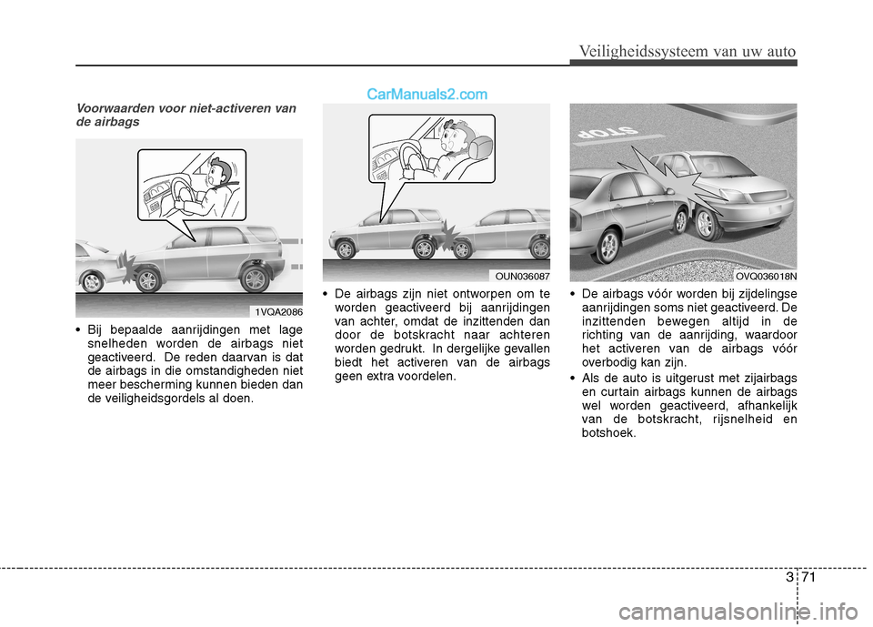 Hyundai Santa Fe 2013  Handleiding (in Dutch) 371
Veiligheidssysteem van uw auto
Voorwaarden voor niet-activeren vande airbags
 Bij bepaalde aanrijdingen met lage snelheden worden de airbags niet 
geactiveerd. De reden daarvan is datde airbags in
