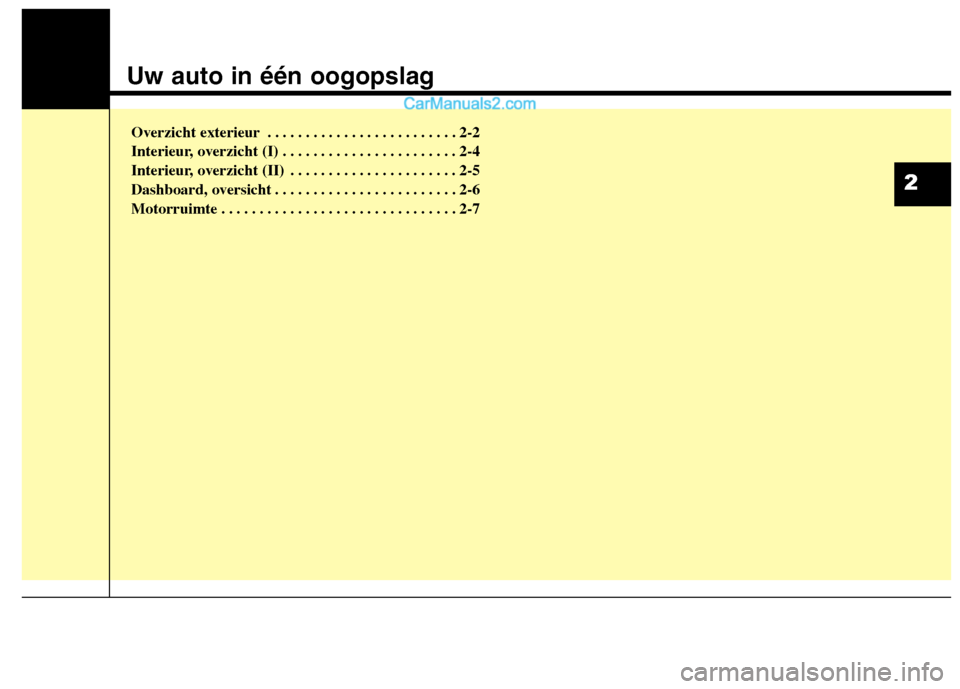 Hyundai Santa Fe 2013 Handleiding (in Dutch) Uw auto in één oogopslag
Overzicht exterieur . . . . . . . . . . . . . . . . . . . . . . . . . 2-2
Interieur, overzicht (I) . . . . . . . . . . . . . . . . . . . . . . . 2-4
Interieur, overzicht (I Hyundai Santa Fe 2013 Handleiding (in Dutch) Uw auto in één oogopslag
Overzicht exterieur . . . . . . . . . . . . . . . . . . . . . . . . . 2-2
Interieur, overzicht (I) . . . . . . . . . . . . . . . . . . . . . . . 2-4
Interieur, overzicht (I