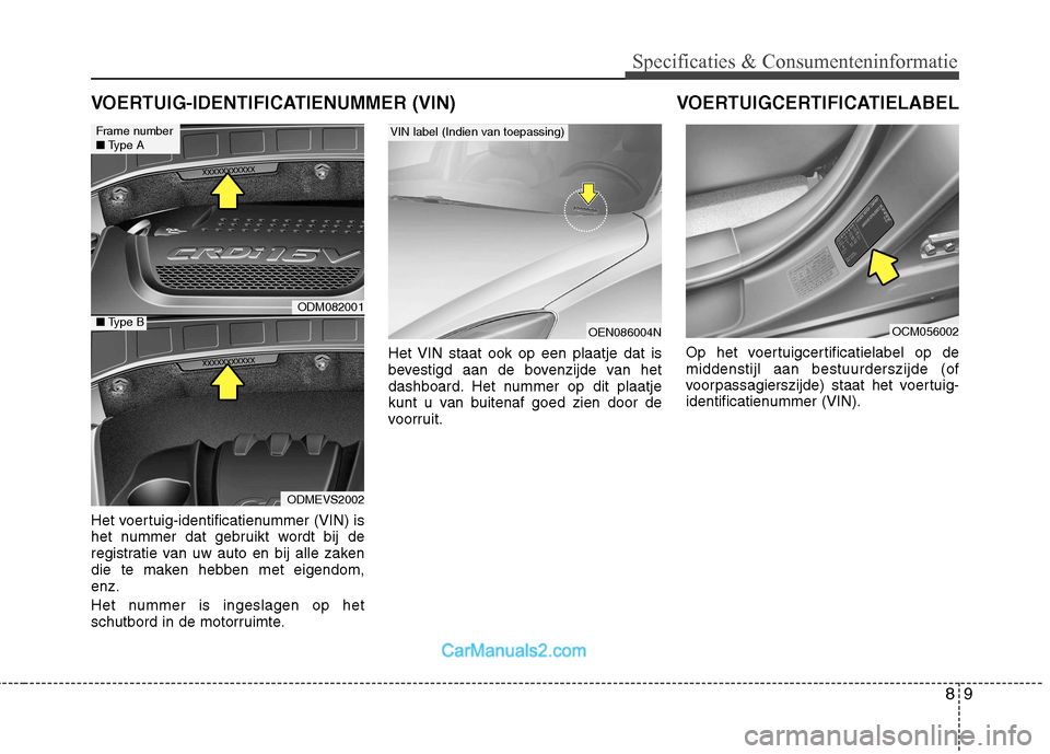 Hyundai Santa Fe 2013 Handleiding (in Dutch) 89
Specificaties & Consumenteninformatie
Het voertuig-identificatienummer (VIN) is
het nummer dat gebruikt wordt bij de
registratie van uw auto en bij alle zaken
die te maken hebben met eigendom,enz. Hyundai Santa Fe 2013 Handleiding (in Dutch) 89
Specificaties & Consumenteninformatie
Het voertuig-identificatienummer (VIN) is
het nummer dat gebruikt wordt bij de
registratie van uw auto en bij alle zaken
die te maken hebben met eigendom,enz.