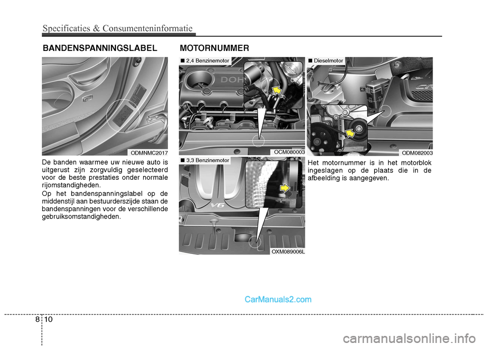 Hyundai Santa Fe 2013  Handleiding (in Dutch) De banden waarmee uw nieuwe auto is 
uitgerust zijn zorgvuldig geselecteerd
voor de beste prestaties onder normale
rijomstandigheden. Op het bandenspanningslabel op de middenstijl aan bestuurderszijde