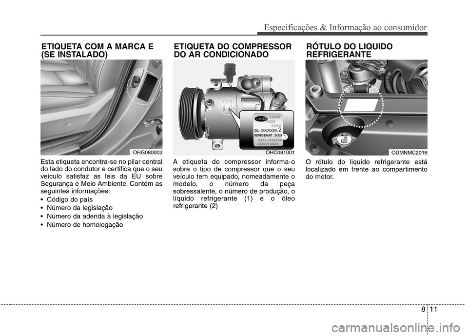 Hyundai Santa Fe 2013 Manual do proprietário (in Portuguese) 811
Especificações & Informação ao consumidor
Esta etiqueta encontra-se no pilar central
do lado do condutor e certifica que o seu
veículo satisfaz as leis da EU sobre
Segurança e Meio Ambiente Hyundai Santa Fe 2013 Manual do proprietário (in Portuguese) 811
Especificações & Informação ao consumidor
Esta etiqueta encontra-se no pilar central
do lado do condutor e certifica que o seu
veículo satisfaz as leis da EU sobre
Segurança e Meio Ambiente