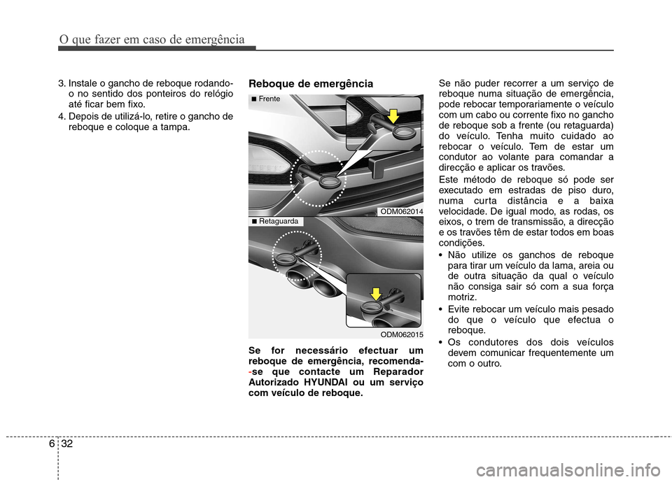 Hyundai Santa Fe 2013  Manual do proprietário (in Portuguese) O que fazer em caso de emergência
32
6
3. Instale o gancho de reboque rodando-
o no sentido dos ponteiros do relógio 
até ficar bem fixo.
4. Depois de utilizá-lo, retire o gancho de reboque e colo
