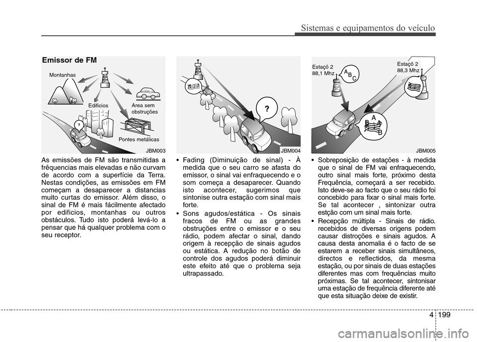 Hyundai Santa Fe 2013 Manual do proprietário (in Portuguese) 4199
Sistemas e equipamentos do veículo
As emissões de FM são transmitidas a
frêquencias mais elevadas e não curvam
de acordo com a superfície da Terra.
Nestas condições, as emissões em FMco Hyundai Santa Fe 2013 Manual do proprietário (in Portuguese) 4199
Sistemas e equipamentos do veículo
As emissões de FM são transmitidas a
frêquencias mais elevadas e não curvam
de acordo com a superfície da Terra.
Nestas condições, as emissões em FMco