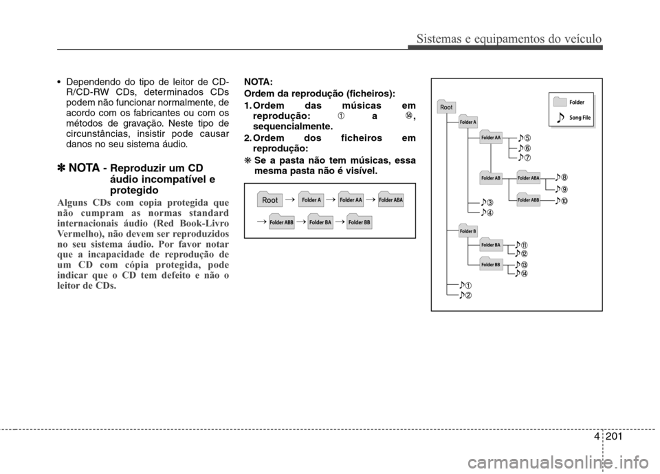Hyundai Santa Fe 2013 Manual do proprietário (in Portuguese) 4201
Sistemas e equipamentos do veículo
Dependendo do tipo de leitor de CD-R/CD-RW CDs, determinados CDs
podem não funcionar normalmente, de
acordo com os fabricantes ou com os
métodos de gravaç Hyundai Santa Fe 2013 Manual do proprietário (in Portuguese) 4201
Sistemas e equipamentos do veículo
Dependendo do tipo de leitor de CD-R/CD-RW CDs, determinados CDs
podem não funcionar normalmente, de
acordo com os fabricantes ou com os
métodos de gravaç