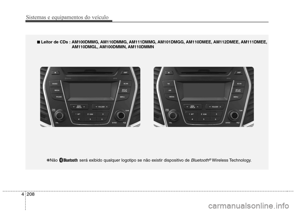 Hyundai Santa Fe 2013  Manual do proprietário (in Portuguese) Sistemas e equipamentos do veículo
208
4
■■   
Leitor de CDs : AM100DMMG, AM110DMMG, AM111DMMG, AM101DMGG, AM110DMEE, AM112DMEE, AM111DMEE,
AM110DMGL, AM100DMMN, AM110DMMN
❋ Não  será exibido
