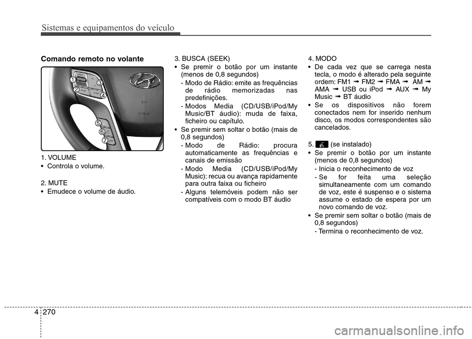 Hyundai Santa Fe 2013 Manual do proprietário (in Portuguese) Sistemas e equipamentos do veículo
270
4
Comando remoto no volante
1. VOLUME
Controla o volume.
2. MUTE
Emudece o volume de áudio. 3. BUSCA (SEEK)
Se premir o botão por um instante
(menos de Hyundai Santa Fe 2013 Manual do proprietário (in Portuguese) Sistemas e equipamentos do veículo
270
4
Comando remoto no volante
1. VOLUME
Controla o volume.
2. MUTE
Emudece o volume de áudio. 3. BUSCA (SEEK)
Se premir o botão por um instante
(menos de