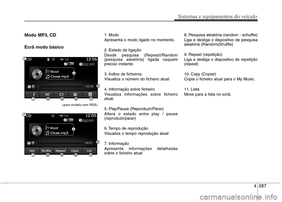 Hyundai Santa Fe 2013 Manual do proprietário (in Portuguese) 4287
Sistemas e equipamentos do veículo
Modo MP3, CD Ecrã modo básico<para modelo com RDS> 1. Modo
Apresenta o modo ligado no momento.
2. Estado da ligação Desde pesquisa (Repea)t/Random
(pesq Hyundai Santa Fe 2013 Manual do proprietário (in Portuguese) 4287
Sistemas e equipamentos do veículo
Modo MP3, CD Ecrã modo básico<para modelo com RDS> 1. Modo
Apresenta o modo ligado no momento.
2. Estado da ligação Desde pesquisa (Repea)t/Random
(pesq