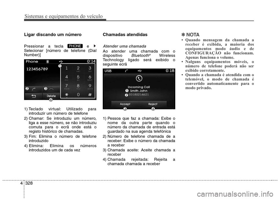 Hyundai Santa Fe 2013  Manual do proprietário (in Portuguese) Sistemas e equipamentos do veículo
328
4
Ligar discando um número 
Pressionar a tecla  e  
Selecionar [número de telefone (DialNumber)] 
1) Teclado virtual: Utilizado para
introduzir um número de 