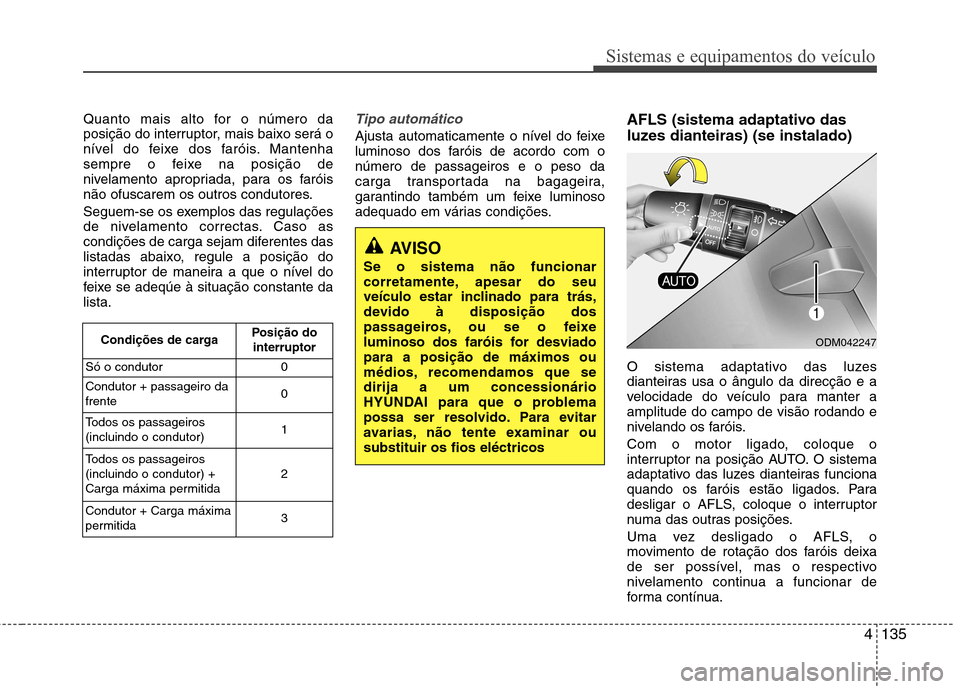 Hyundai Santa Fe 2013  Manual do proprietário (in Portuguese) 4135
Sistemas e equipamentos do veículo
Quanto mais alto for o número da 
posição do interruptor, mais baixo será o
nível do feixe dos faróis. Mantenha
sempre o feixe na posição de
nivelament