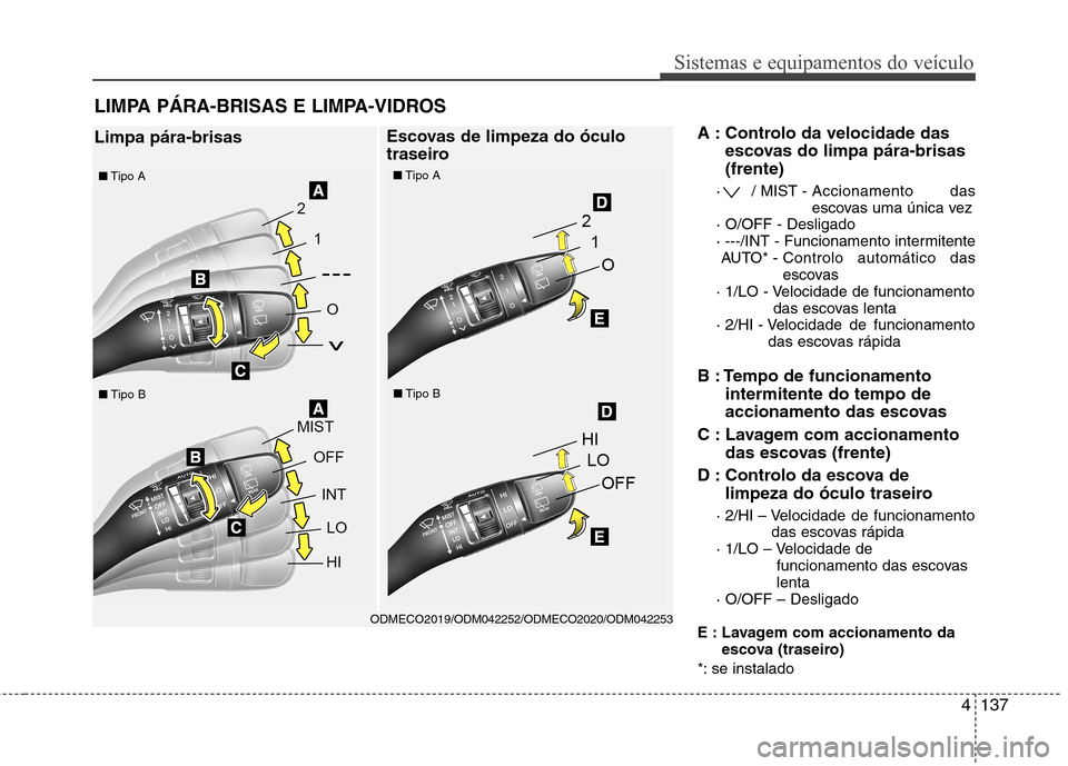 Hyundai Santa Fe 2013  Manual do proprietário (in Portuguese) 4137
Sistemas e equipamentos do veículo
A : Controlo da velocidade dasescovas do limpa pára-brisas (frente)
·  / MIST -  Accionamento das 
escovas uma única vez 
· O/OFF - Desligado
· ---/INT - 