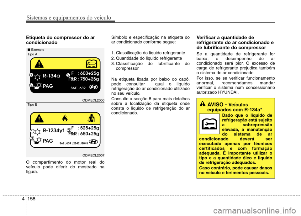 Hyundai Santa Fe 2013  Manual do proprietário (in Portuguese) Sistemas e equipamentos do veículo
158
4
Etiqueta do compressor do ar condicionado 
O compartimento do motor real do 
veículo pode diferir do mostrado na
figura. Símbolo e especificação na etique
